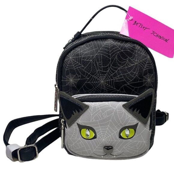 BETSEY JOHNSON KITCH MINI BACKPACK HALLOWEEN VAMPIRE CAT SPIDER WEB NOVELTY ZIP - Picture 1 of 8
